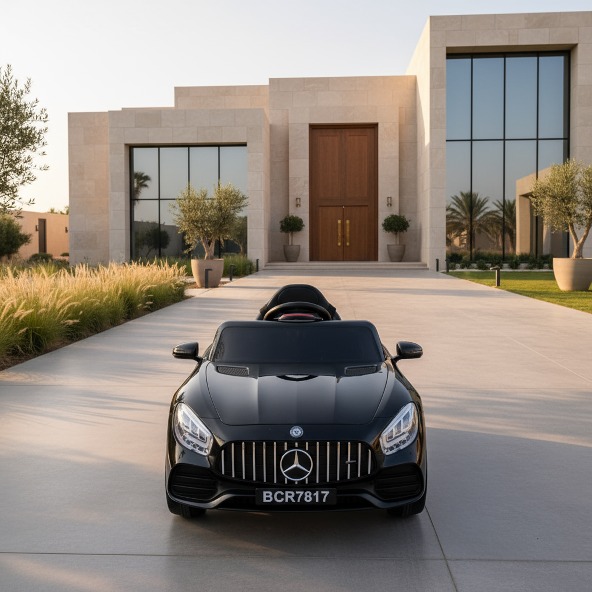 سيارة مرسيدس اطفال كهربائية سوداء أمام منزل حديث