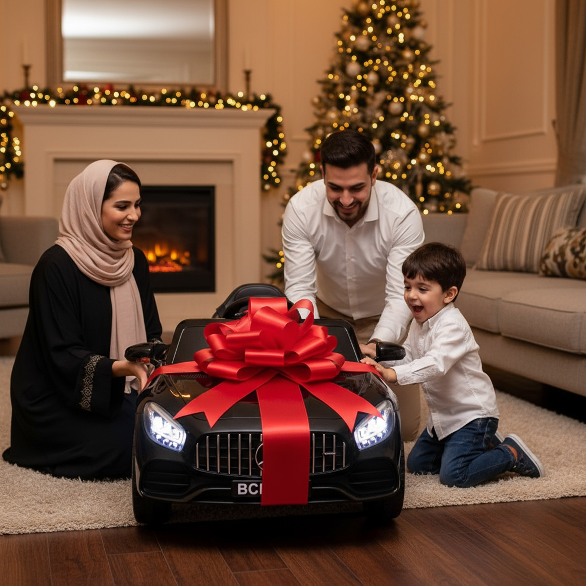عائلة تقدم سيارة مرسيدس اطفال كهربائية كهدية لطفل