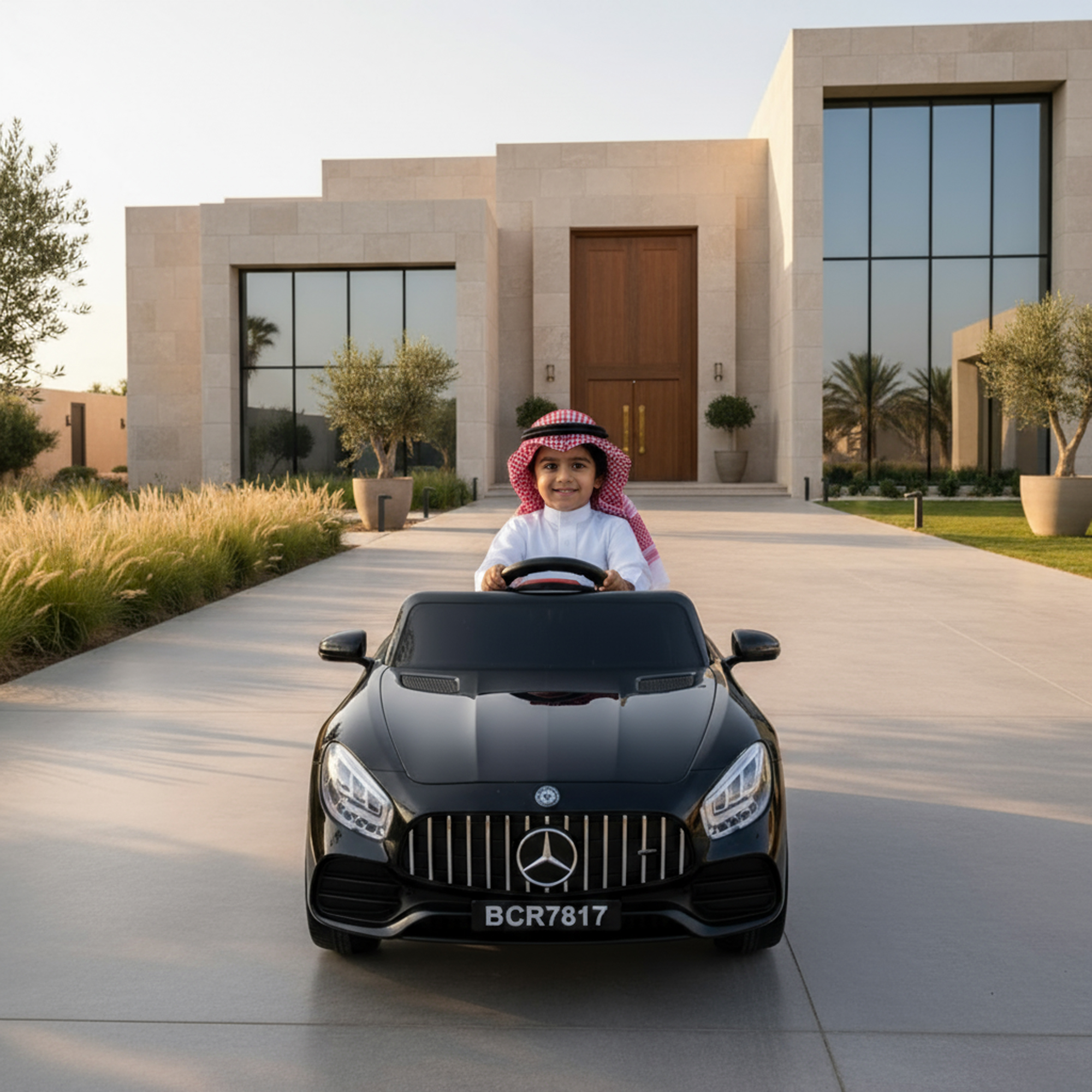 طفل سعودي يقود سيارة مرسيدس اطفال كهربائية سوداء